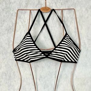 Black and white cotton striped bandeau bra top with cross back